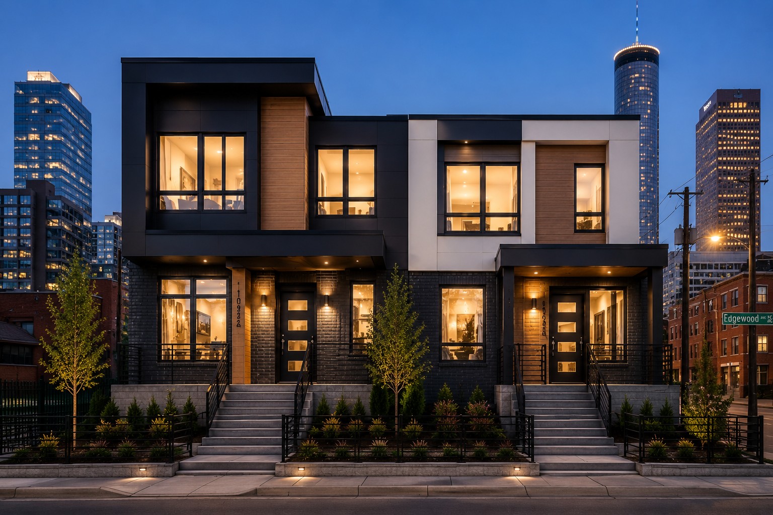 Contemporary duplex concept at dusk